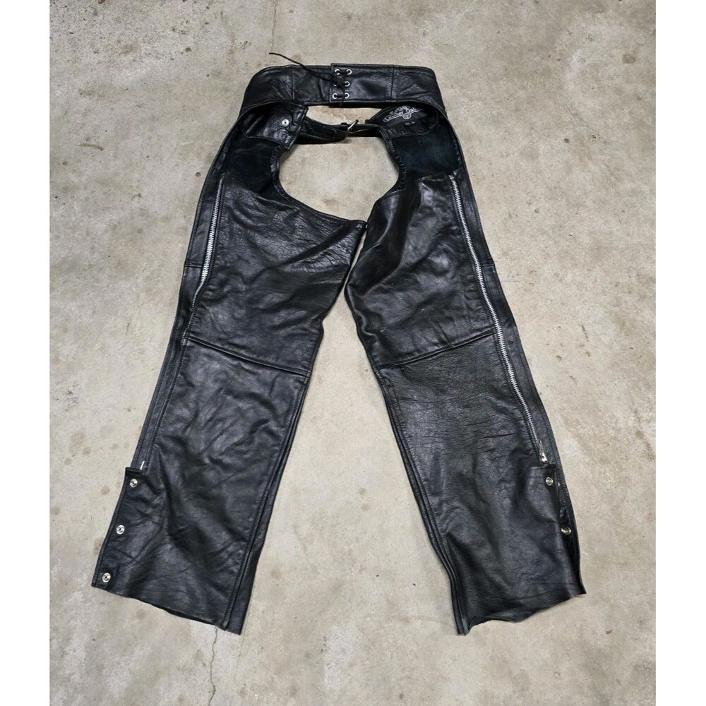 Leather Gallery Unisex Black/Silver Zip/Button Chaps Motorcycle Size Large